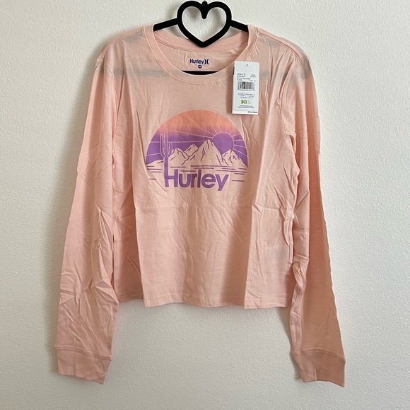 Hurley Tops - Hurley Pink Mountain Sunset Cactus Graphic Long Sleeve Cotton Tee Size M